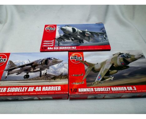 Three Airfix 1/72 scale aircraft kits to include Harrier AV-8A, Harrier GR3 and Sea Harrier FA2, all appear complete, wear to