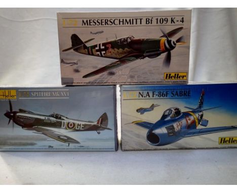 Three Heller 1/72 scale aircraft kits, Sabre, ME BF109, Spitfire, all new. P&amp;P Group 1 (£14+VAT for the first lot and £1+