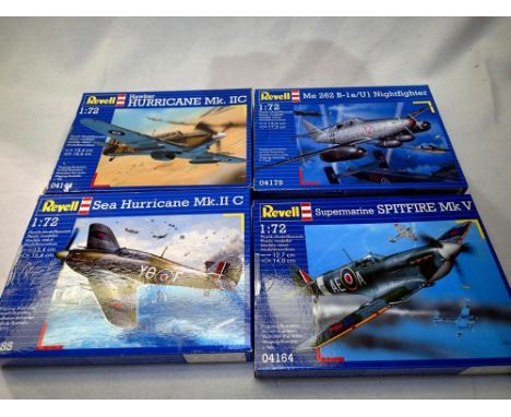 Four Revell plastic aircraft kits to include Hurricane, Spitfire, ME262, Sea Hurricane, all appear as new/unchecked. P&amp;P 