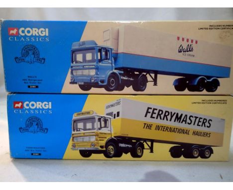 Two Corgi big trucks, 21301 AEC with box trailer Ferrymasters, 21401 AEC with fridge trailer Walls. Both excellent condition,
