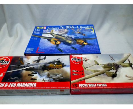 Three 1/72 scale aircraft kits to include Airfix Marauder and FW189, and Revell JV88 A-4, all appear complete, wear to boxes,