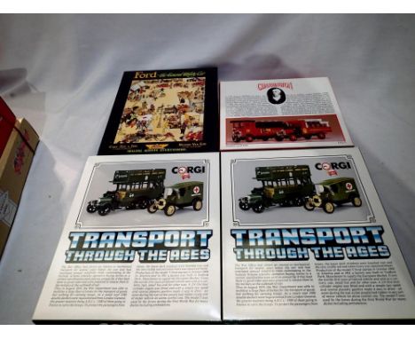 Four Corgi bus/commercial sets to include C88 military bus and ambulance, D52/1 Charrington tanker and dray and two C90 Ford 
