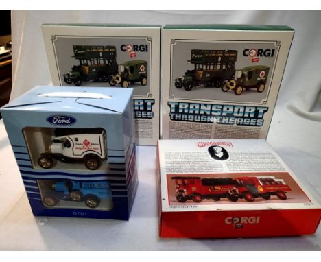 Four Corgi bus/commercial sets to include C88 military bus and ambulance and two sets of D52/1 Charrington tanker and dray an