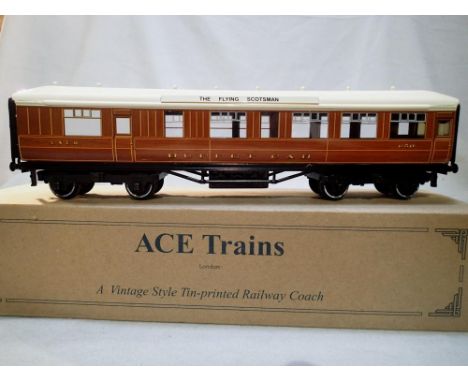 O gauge Ace Trains LNER C/4 teak Buffet Car 650, fitted with The Flying Scotsman roof boards, slight corrosion to buffers, in