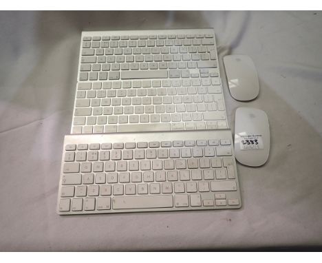 Three Apple wireless keyboards, two with model number A1314 and the other with model number A1644 and two Apple wireless mice