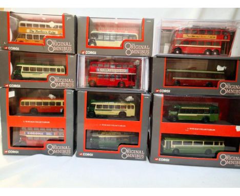 Nine Corgi OOC buses and coaches including three twin seats, all different, in excellent condition, wear to boxes. P&amp;P Gr