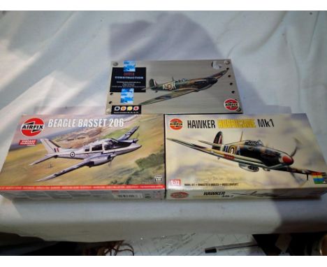 Three Airfix 1/72 scale aircraft kits to include Beagle Basset 206, Hurricane, Spitfire, all appear complete/unchecked. P&amp