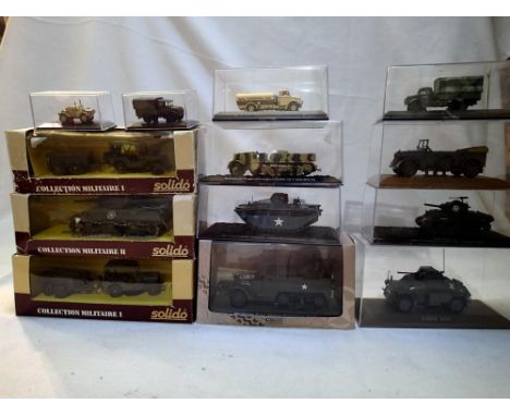 Thirteen military related vehicles including Solido and Atlas editions, very good to excellent condition, wear to boxes. P&am