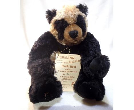 Hermann Bear, Panda bear, mohair, limited edition 051/500, in excellent condition, H: 35 cm. P&amp;P Group 1 (£14+VAT for the