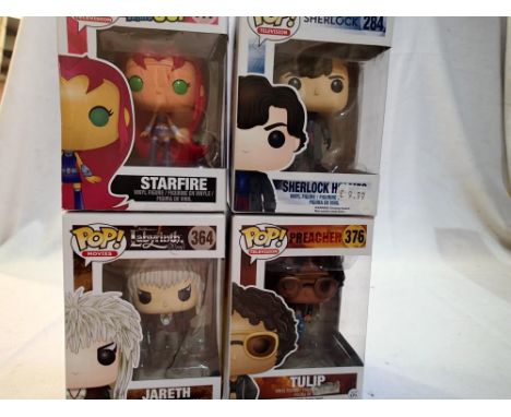 Four Funko Pops from television/movies comprising Starfire, Sherlock, Tulip and Jareth. All excellent condition, wear and lab