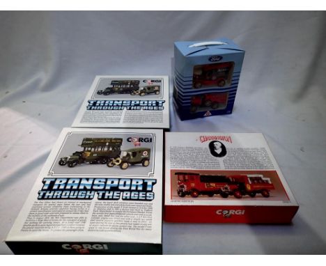 Four Corgi bus/commercial sets to include C88 military bus and ambulance, D52-1 Charrington dray and tanker, D71-1 Ford set o
