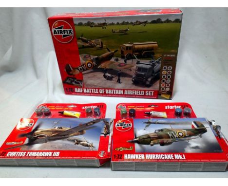 Three Airfix 1/72 scale Battle of Britain airfield set (missing paints), plus Curtiss Tomahawk and Hurricane, all appear comp