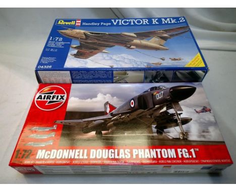 Two 1/72 scale aircraft kits to include Revell Handley Page Victor MK2 and Airfix Phantom FG1, both appear complete, wear to 