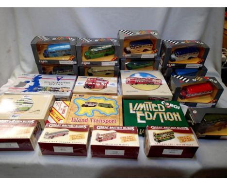 17 Corgi busses and coaches including 2 bus box set Devon General and Jersey and four bus set Routemaster in exile "the Midla
