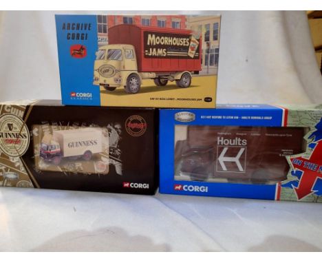 Three Corgi Classics commercials, 11101 ERF Box Moorhouse's Jam, 22706 Bedford Box Guinness and 11407 Bedford Luton Hoults. A