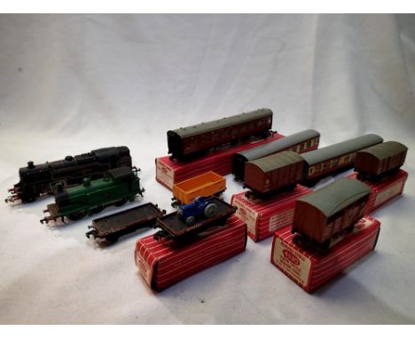 OO scale Hornby Dublo 2 rail including 2.6.4 tank, 0.6.0 tank, three coaches (one boxed), six wagons (four boxed), and a flat