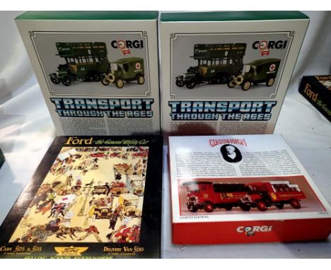 Four Corgi bus/commercial sets to include C90 Ford 2 van set, D52/1 Charrington tanker and dray and C88 military bus and ambu