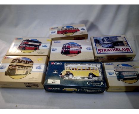Six Corgi buses and one tram, in very good to excellent condition, storage wear to boxes. P&amp;P Group 1 (£14+VAT for the fi