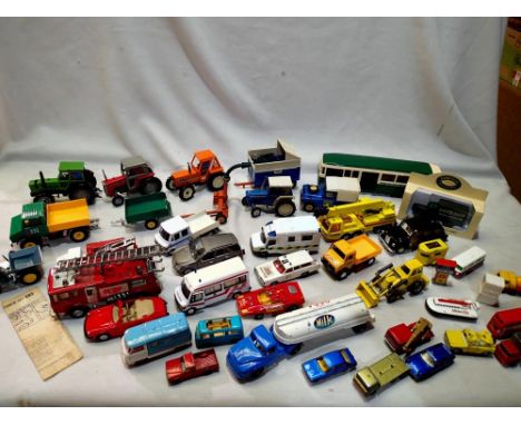 Selection of unboxed die cast vehicles to include Corgi, Dinky etc including a selection of Britians tractors and implements,