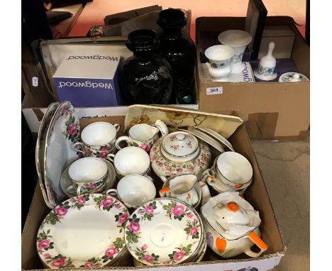 Three boxes of sundry decorative china wares to include Clarice Cliff Wilkinson Pottery rectangular dish with flower decorati