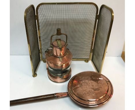 A copper and brass ship's lamp bearing label inscribed "Mast head PATT.25A" the glass etched with various initials and figure