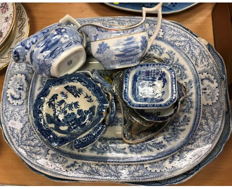 A collection of 19th Century blue and white transfer decorated pottery including octagonal willow pattern charger 42 cm diame
