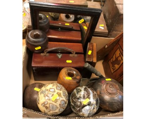 A collection of various treenware and other items to include a B.E.L. violet ray high frequency electricity treatment set, a 