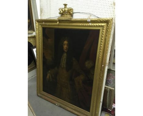CIRCLE OF SIR GODFREY KNELLER "Gentleman (presumed a Baron) in gold trimmed and lace decorated coat, a cane in his right hand