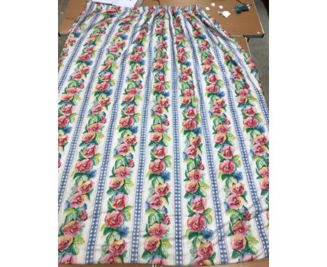 A pair of glazed cotton multi-coloured floral and striped interlined curtains with taped pencil pleat headings, approx 221 cm