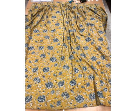 A single cotton twill mustard and blue foliate decorated interlined curtain with fixed triple pencil pleat headings, approx 2