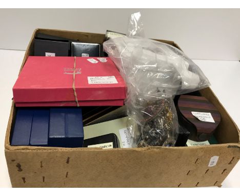 A box containing a quantity of various costume jewellery, watches, etc, including simulated pearl earrings, paste jewellery, 