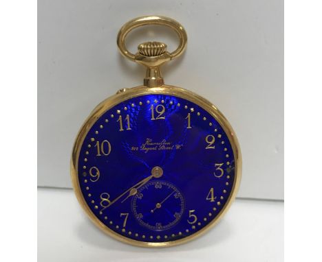 An 18 carat gold cased Hamilton &amp; Co. pocketwatch, the blue guilloche enamel decorated dial with Arabic numerals enclosin