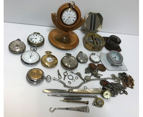 A collection of eight various silver or plated pocketwatches, a fob watch inscribed to the dial "Omega Swit Zerland Made 1882