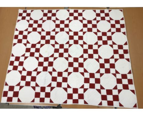A red and white nine patch / snowball pattern quilt, 172 cm x 198 cm