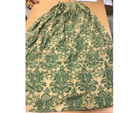 A pair of Cotterstock Designs "Blenheim" cotton interlined curtains in green and gold with fixed triple pencil pleat headings
