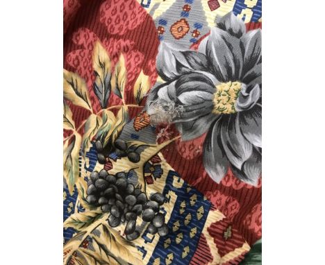 A pair of cotton mix Pallu & Lake "Lamberhurst" red and multi-coloured interlined curtains, with taped pencil pleat headings,