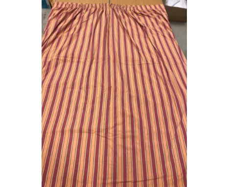 A pair of moire silk pink and coral striped lined curtains with taped pencil pleat headings, one pair approx 222 cm drop x 25