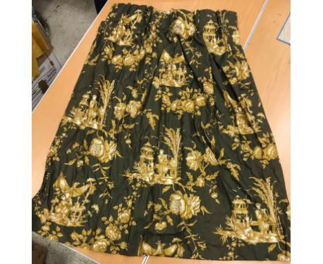Three pairs of olive and gold chinoiserie style decorated cotton lined curtains with fixed triple pencil pleat headings, one 
