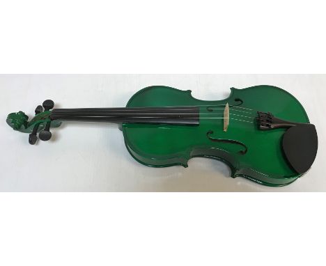 A Gremlin M.I. Co model No. 4/4 green bodied violin (Chinese) with green stained bow