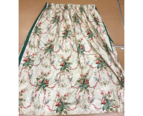 Seven pairs of Warner "Adele" glazed cotton lined curtains in pink, cream and green, with taped pencil pleat headings, one pa