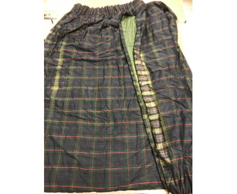 Two pairs of tartan silk interlined curtains in blue, red and green with taped pencil pleat headings, approx. 213 cm drop x 1