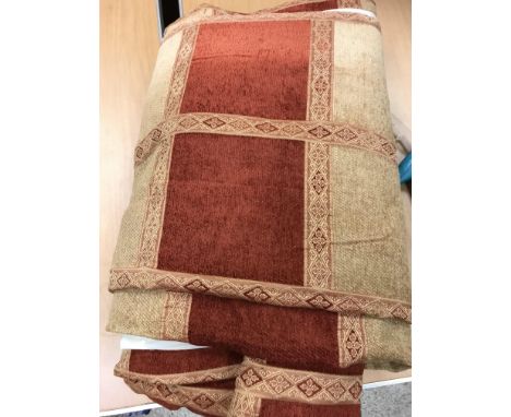 Four separate pairs of tassel tie-backs, two separate pairs of metal tie-backs, a pair of gold and terracotta curtains and a 