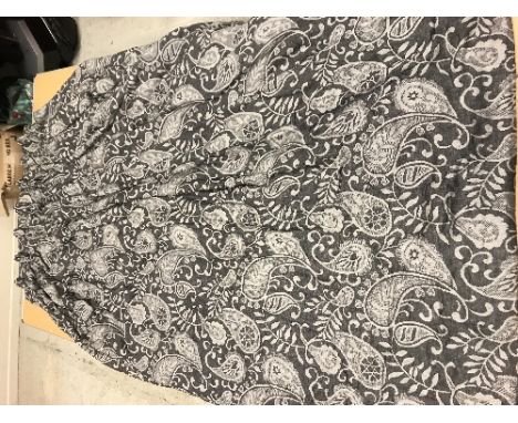 A pair of cotton mix grey ground foliate decorated interlined curtains with fixed triple pencil pleat headings, approx 226 cm