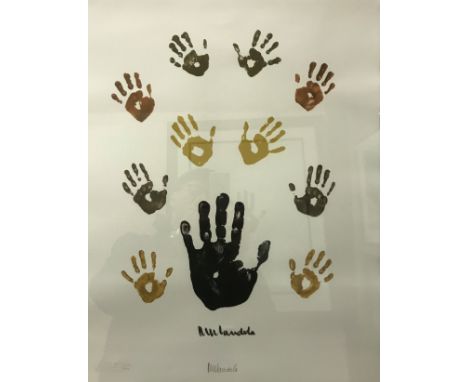 A framed and glazed “Impressions of Nelson Rolihlhla Mandela Collection” (1918-2003) entitled “Coloured Left Hand”, black and
