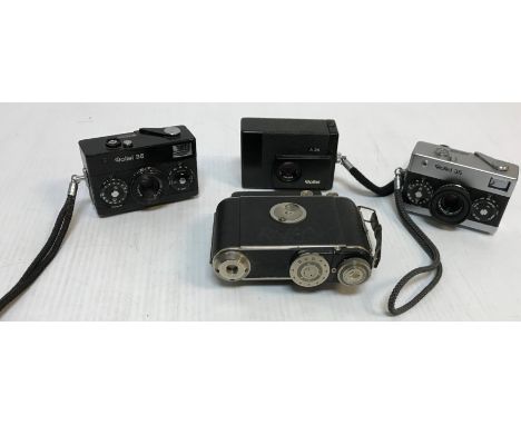 Three various Rollei cameras including a Rollei 35 black cased, a Rollei 35 chrome and black cased, a Rollei A26, together wi