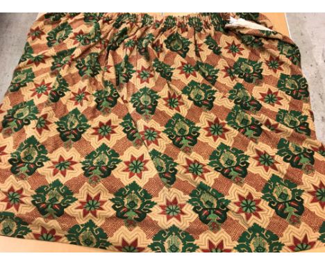Two pairs of Hobein by Nina Campbell chenille red, green and mushroom curtains with linings with rufflette taped headings, on