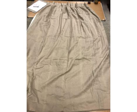 Two pairs of linen beige with cream edge interlined curtains with fixed goblet headings, approx. 237 cm drop x 212 cm wide at