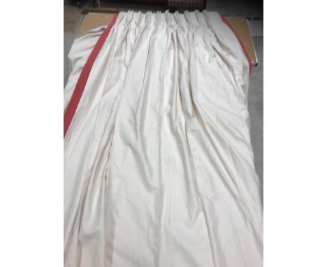 A pair of linen weave cream with raspberry pink border lined curtains with fixed triple pencil pleat headings, approx 294 cm 