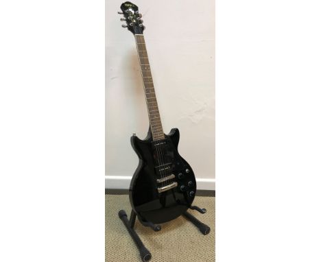 A Hofner black bodied cut away electric guitar, mother of pearl inlaid rosewood fretboard (Chinese)