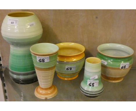 A collection of five assorted Shelley ceramic bowls and vases from the 'Harmony' range, including a pair of bowls, a vase wit
